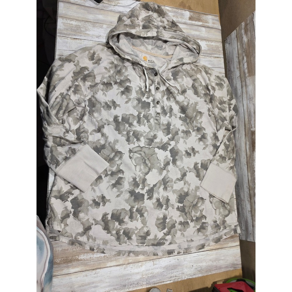Carhartt Womens XL Floral Henley‎ Hoodie Grey Tan Cotton Long Sleeve READ